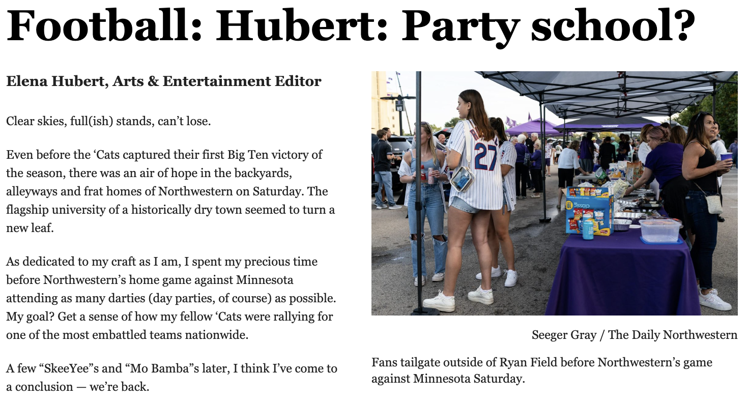 This is a screengrab of a story about Northwestern's football tailgate culture with a photo of students standing at a tailgate.