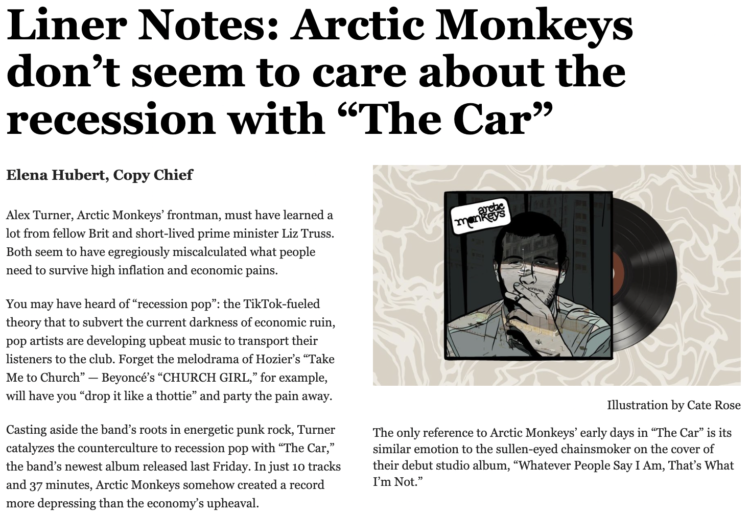 This is a screengrab from an album review I did about 'The Car' by the Arctic Monkeys with a graphic of the album cover.