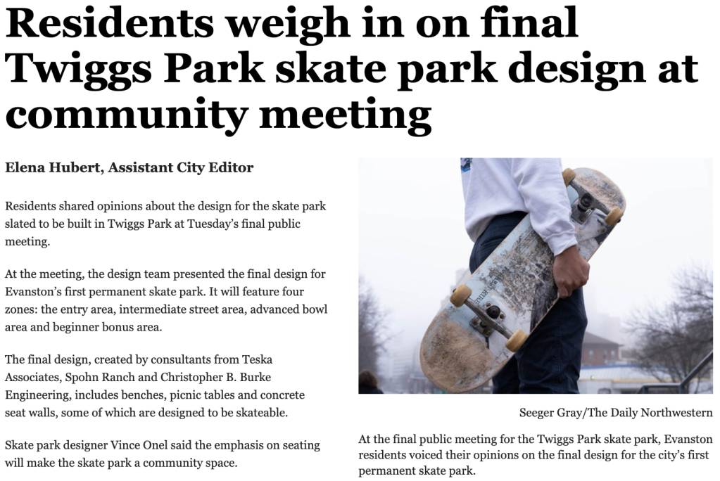 This is a screengrab of a story about a skate park being built in Evanston with an image of a skater holding a skateboard.